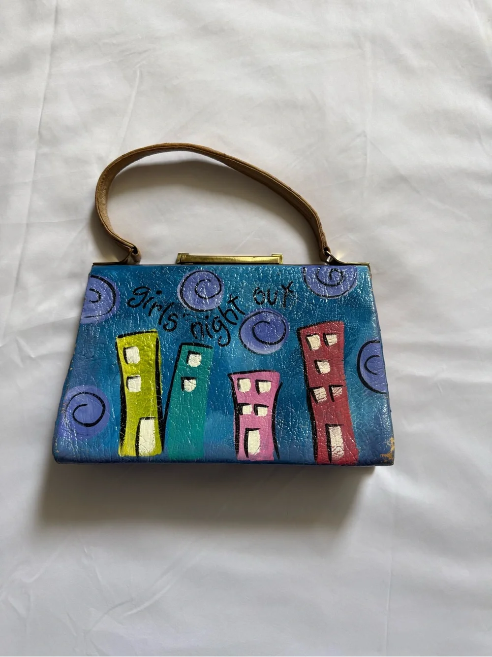 Vintage Hand Painted Ostrich Leather Frame Bag Cityscape Skyline Handbag Art
